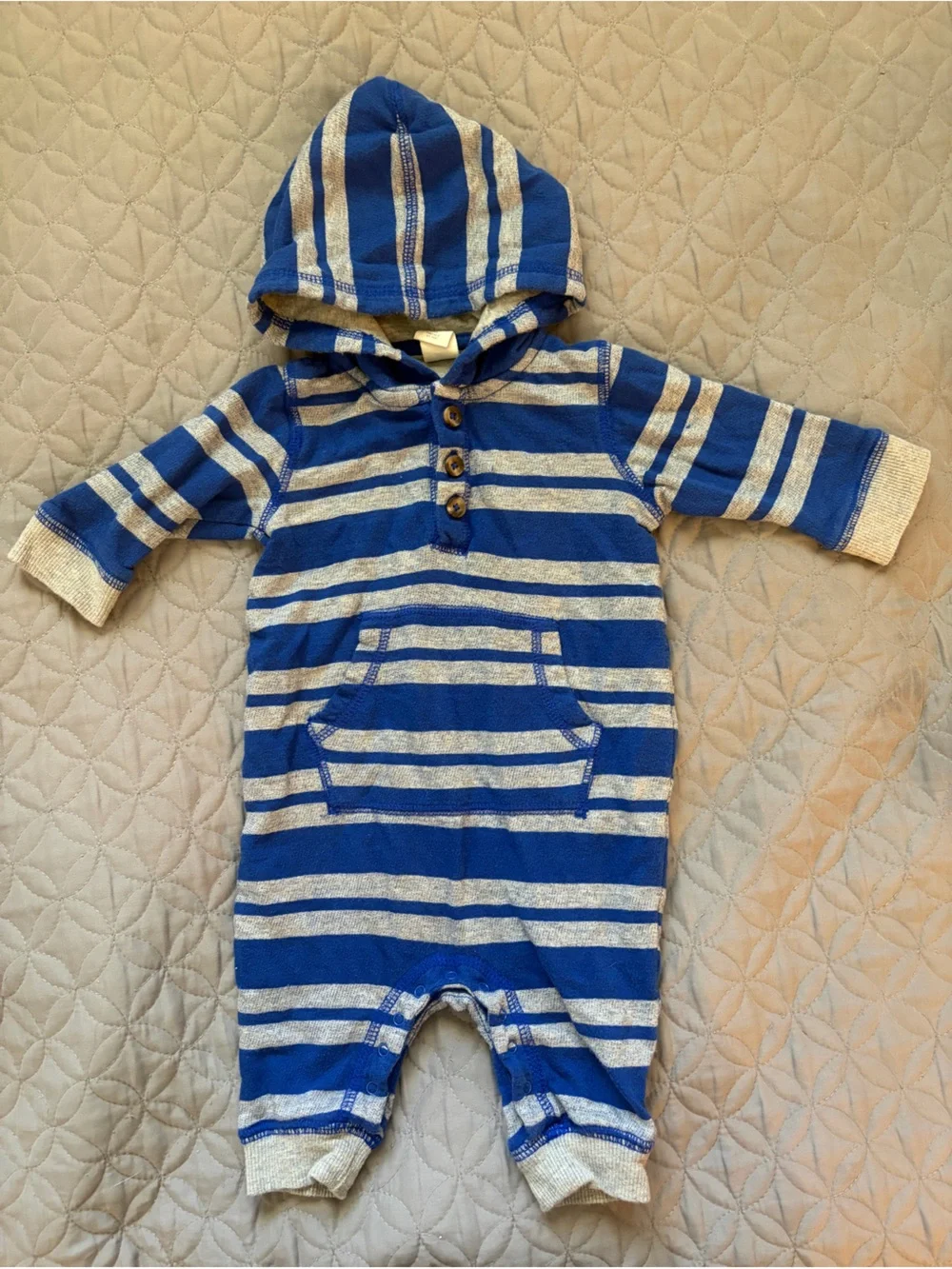 Tucker + Tate Blue and Gray Striped Hooded Baby Romper